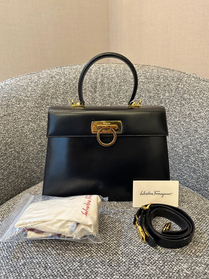 Salvatore Ferragamo Gancini Top Handle Bag in Black Leather