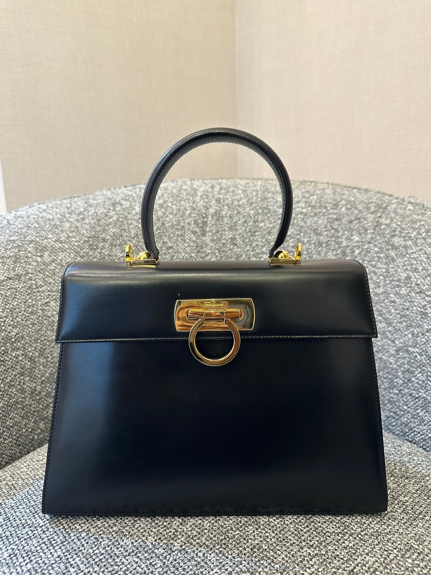 Salvatore Ferragamo Gancini Top Handle Bag in Black Leather
