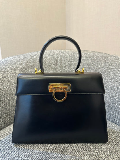 Salvatore Ferragamo Gancini Top Handle Bag in Black Leather