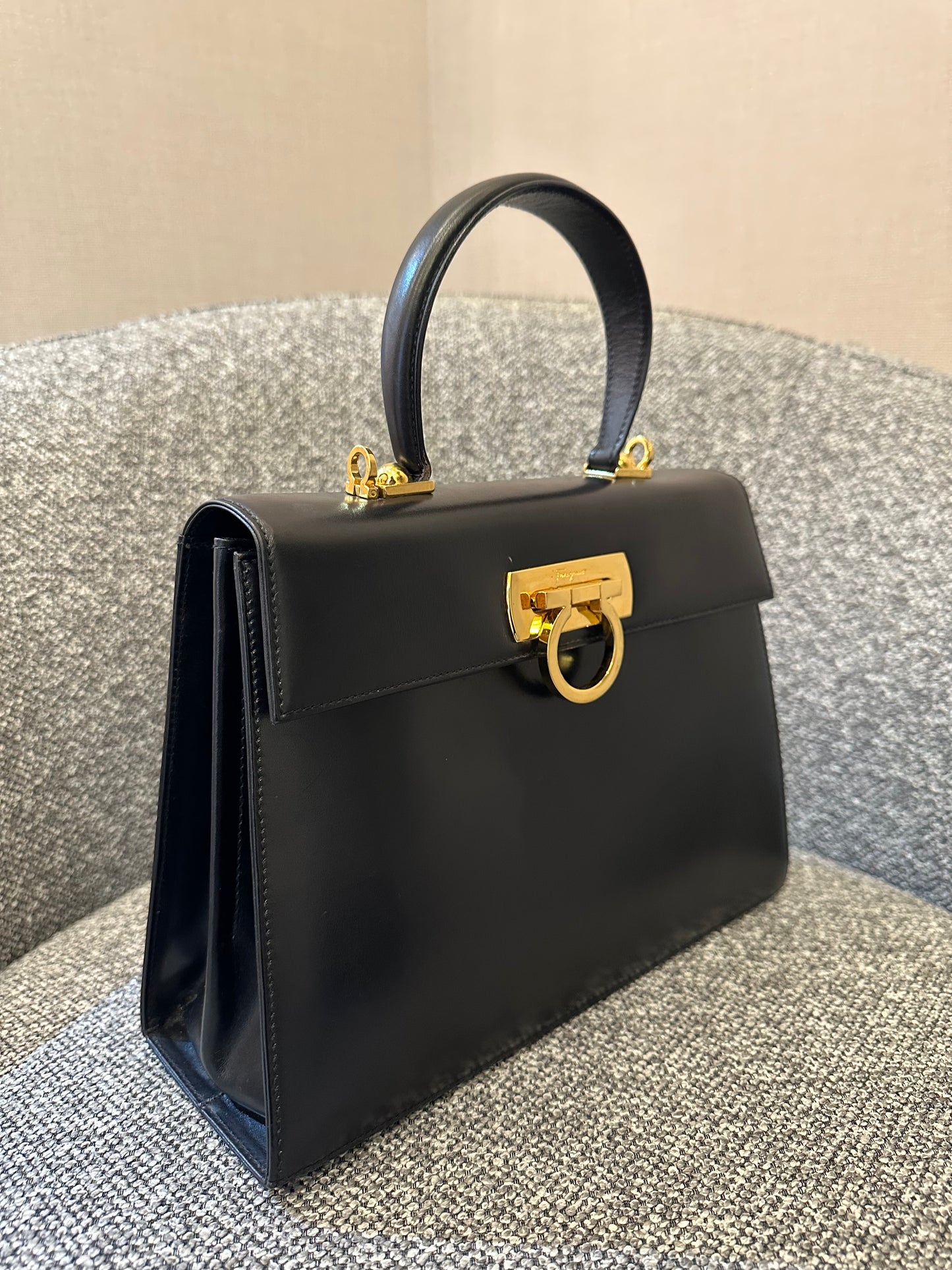 Salvatore Ferragamo Gancini Top Handle Bag in Black Leather