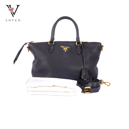 Prada Black Vitello Phenix Leather Top Handle Crossbody Bag
