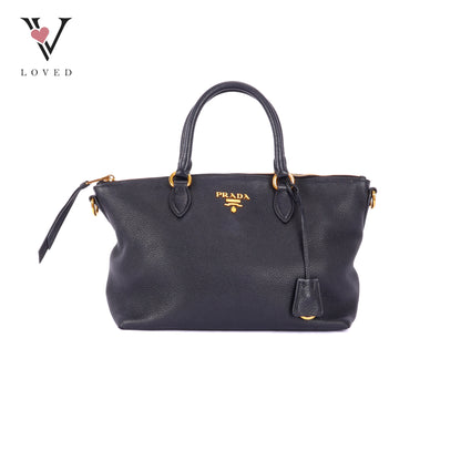 Prada Black Vitello Phenix Leather Top Handle Crossbody Bag