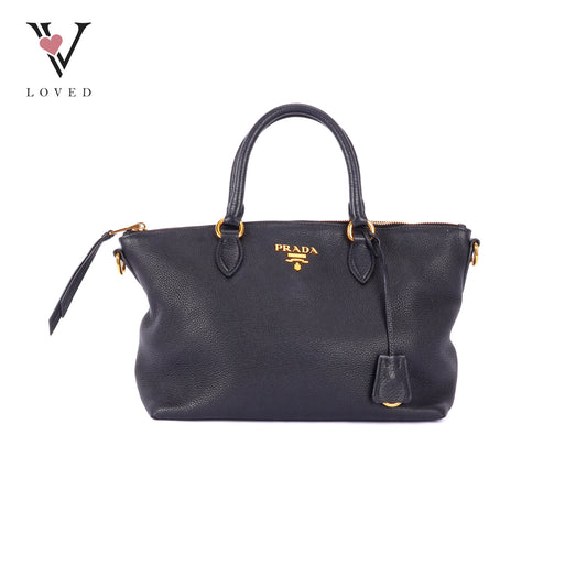 Prada Black Vitello Phenix Leather Top Handle Crossbody Bag
