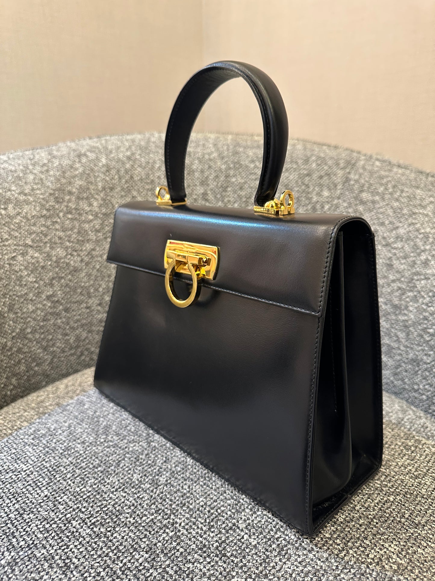 Salvatore Ferragamo Gancini Top Handle Bag in Black Leather