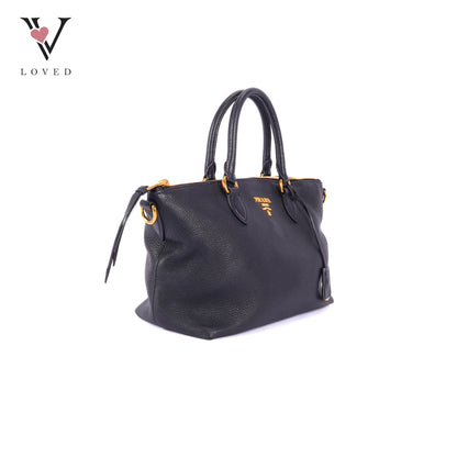 Prada Black Vitello Phenix Leather Top Handle Crossbody Bag