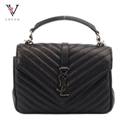 Yves Saint Laurent College Bag In Black Quilted Chevron Leather