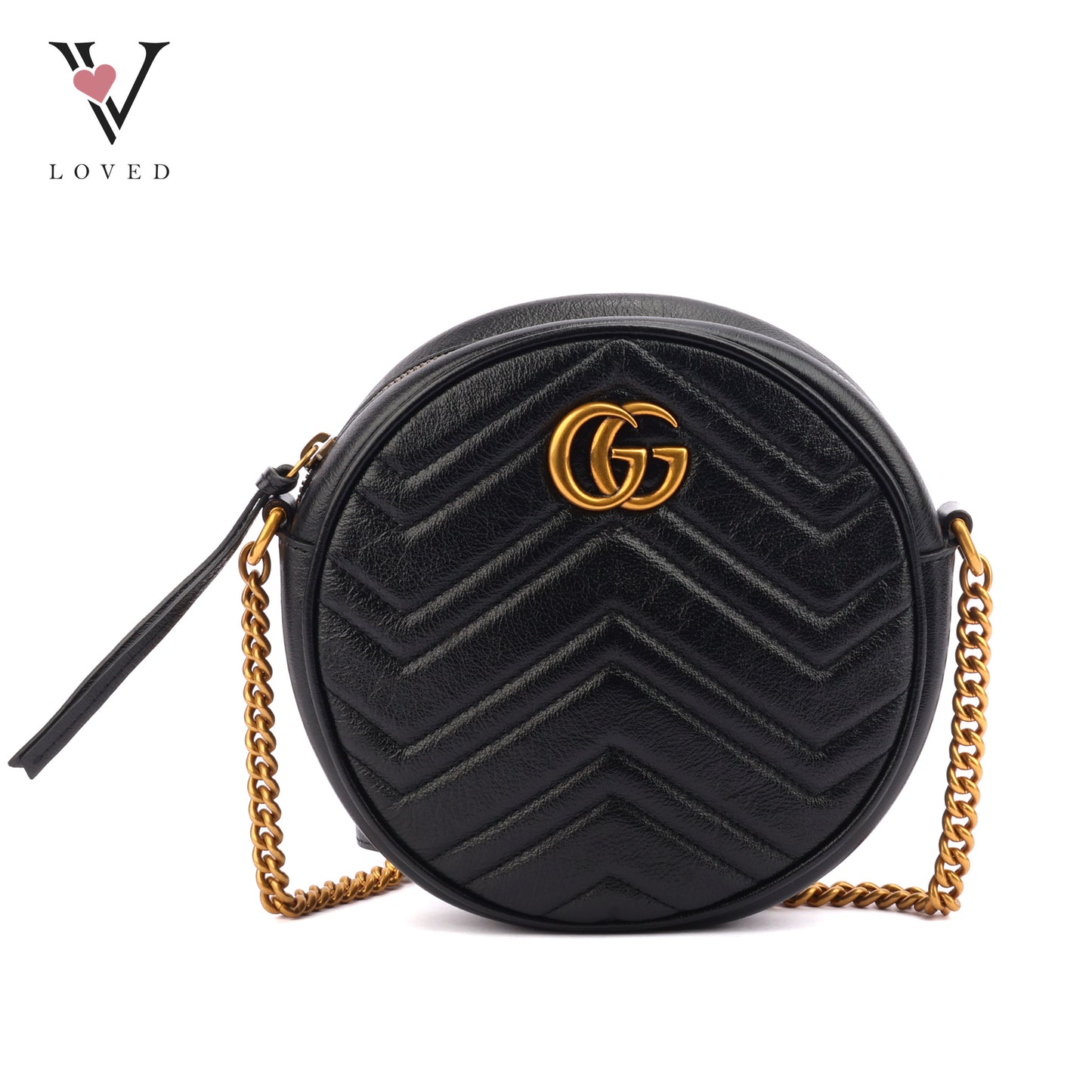 Gucci GG Marmont Round Shoulder Bag in Black Matelassé Leather