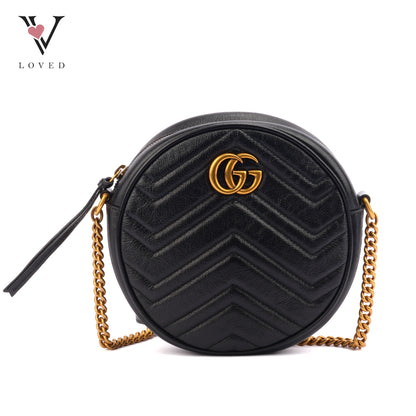 Gucci GG Marmont Round Shoulder Bag in Black Matelassé Leather