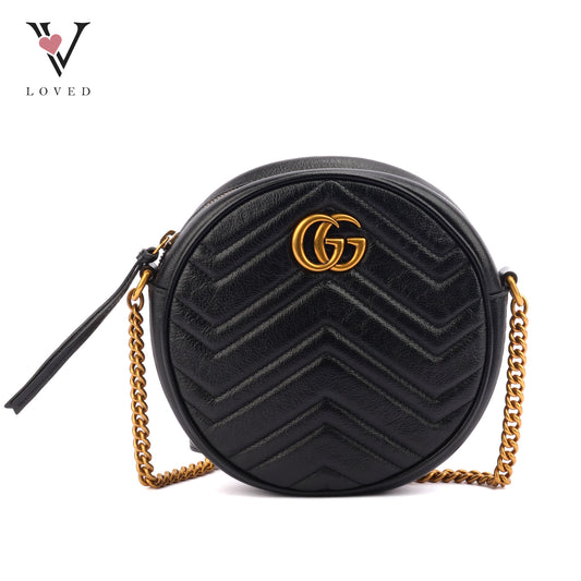 Gucci GG Marmont Round Shoulder Bag in Black Matelassé Leather