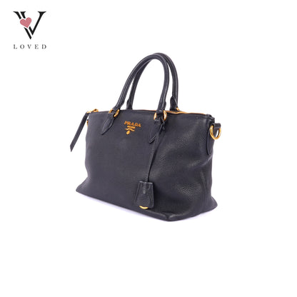 Prada Black Vitello Phenix Leather Top Handle Crossbody Bag
