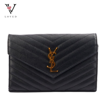 Yves Saint Laurent Cassandre WOC in Black Chevron Quilted Leather (GHW)
