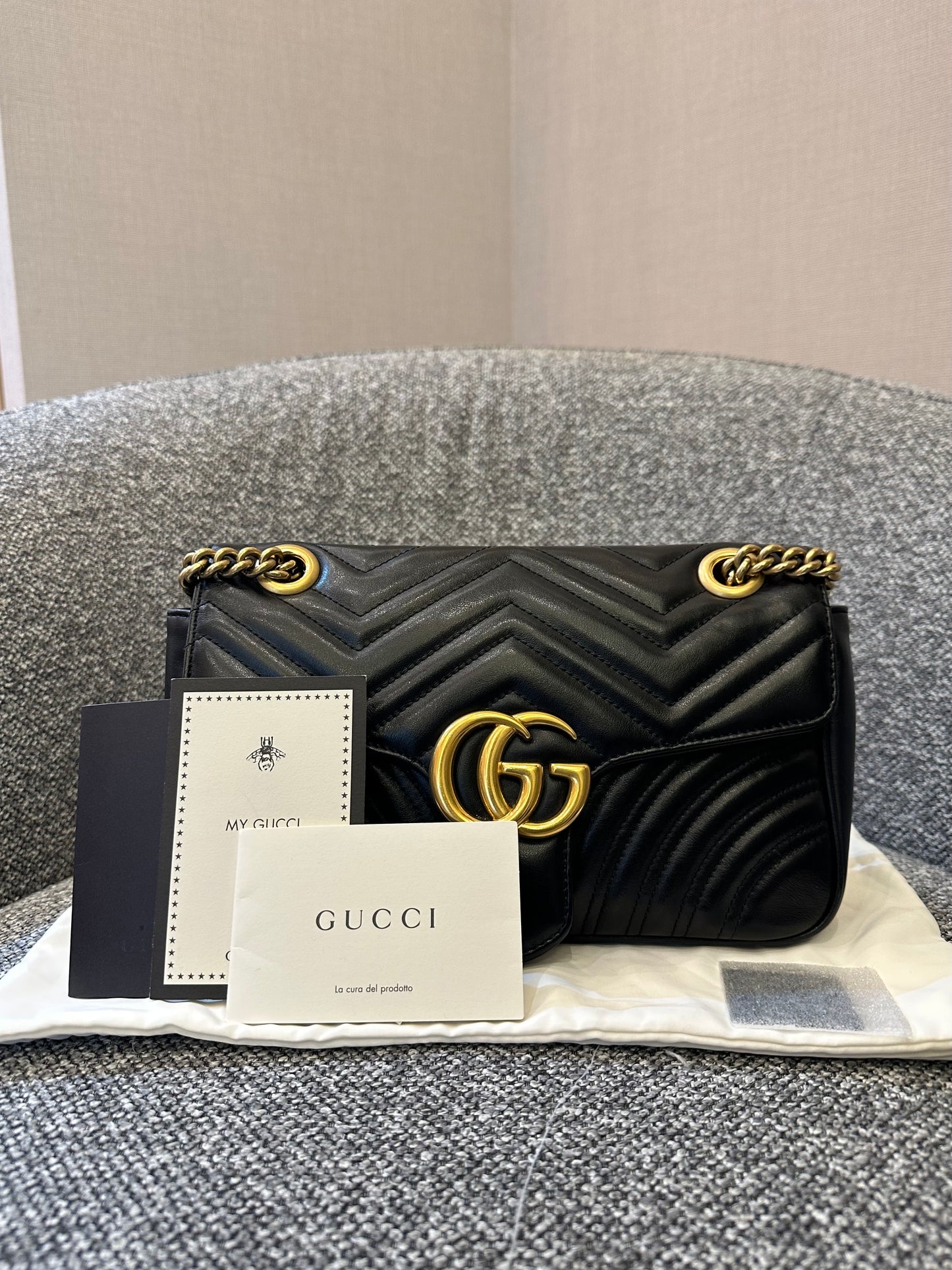 Gucci GG Marmont Flap Shoulder Bag in Black Matelassé Leather