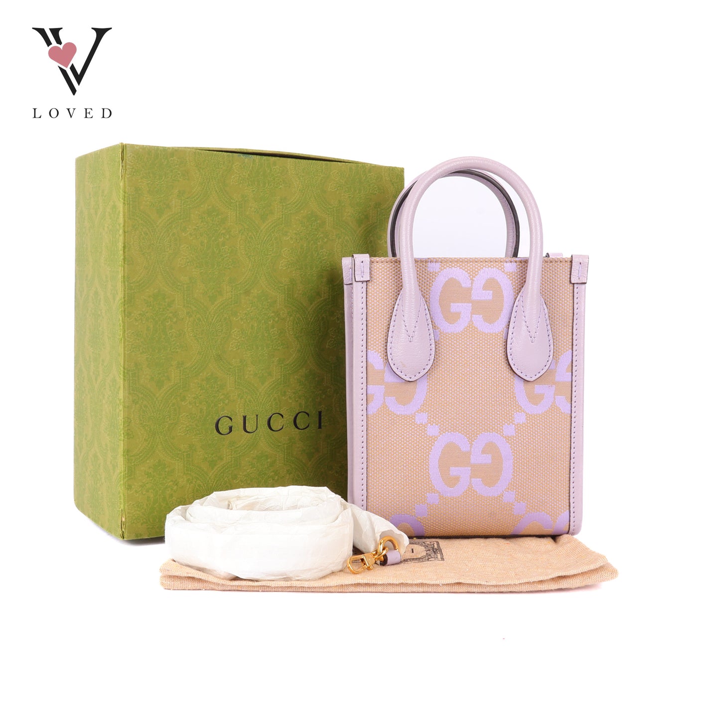 Gucci GG Mini Tote Bag in Beige with Purple Leather Trim