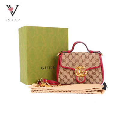 Gucci GG Marmont Mini Top Handle Bag in Beige and Red Canvas and Leather