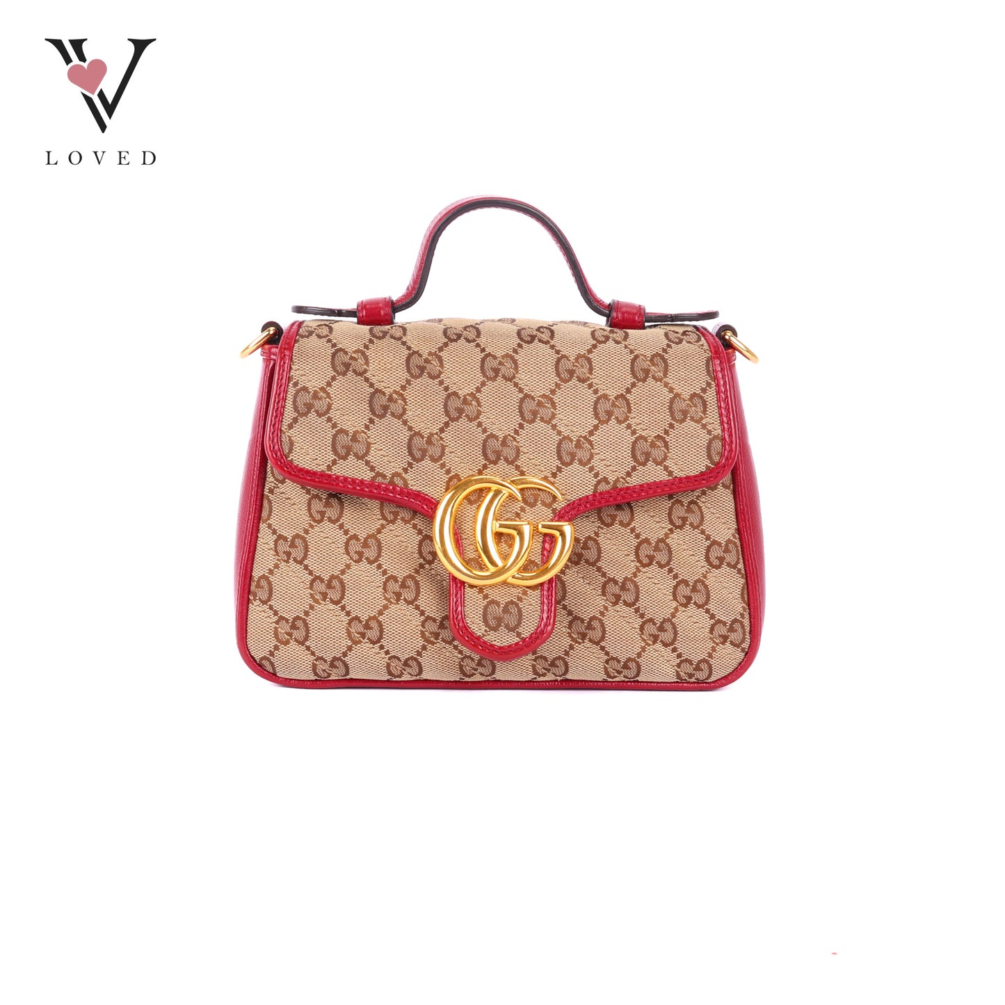 Gucci GG Marmont Mini Top Handle Bag in Beige and Red Canvas and Leather