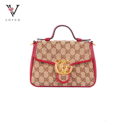 Gucci GG Marmont Mini Top Handle Bag in Beige and Red Canvas and Leather