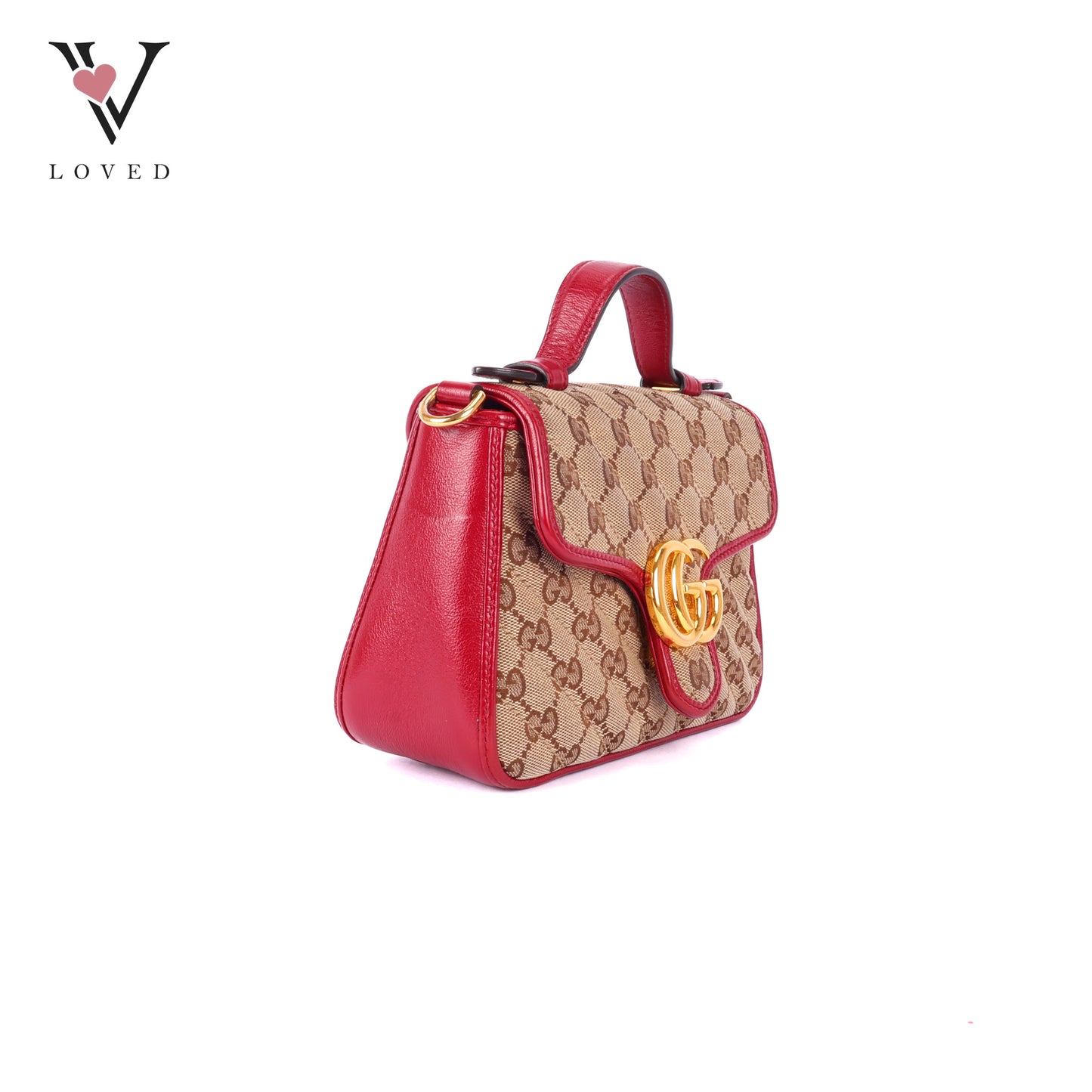 Gucci GG Marmont Mini Top Handle Bag in Beige and Red Canvas and Leather