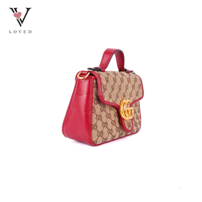 Gucci GG Marmont Mini Top Handle Bag in Beige and Red Canvas and Leather