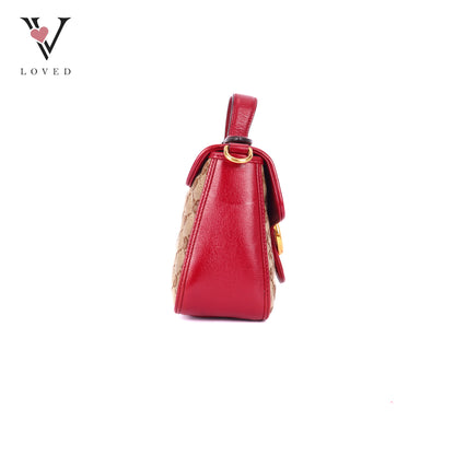 Gucci GG Marmont Mini Top Handle Bag in Beige and Red Canvas and Leather