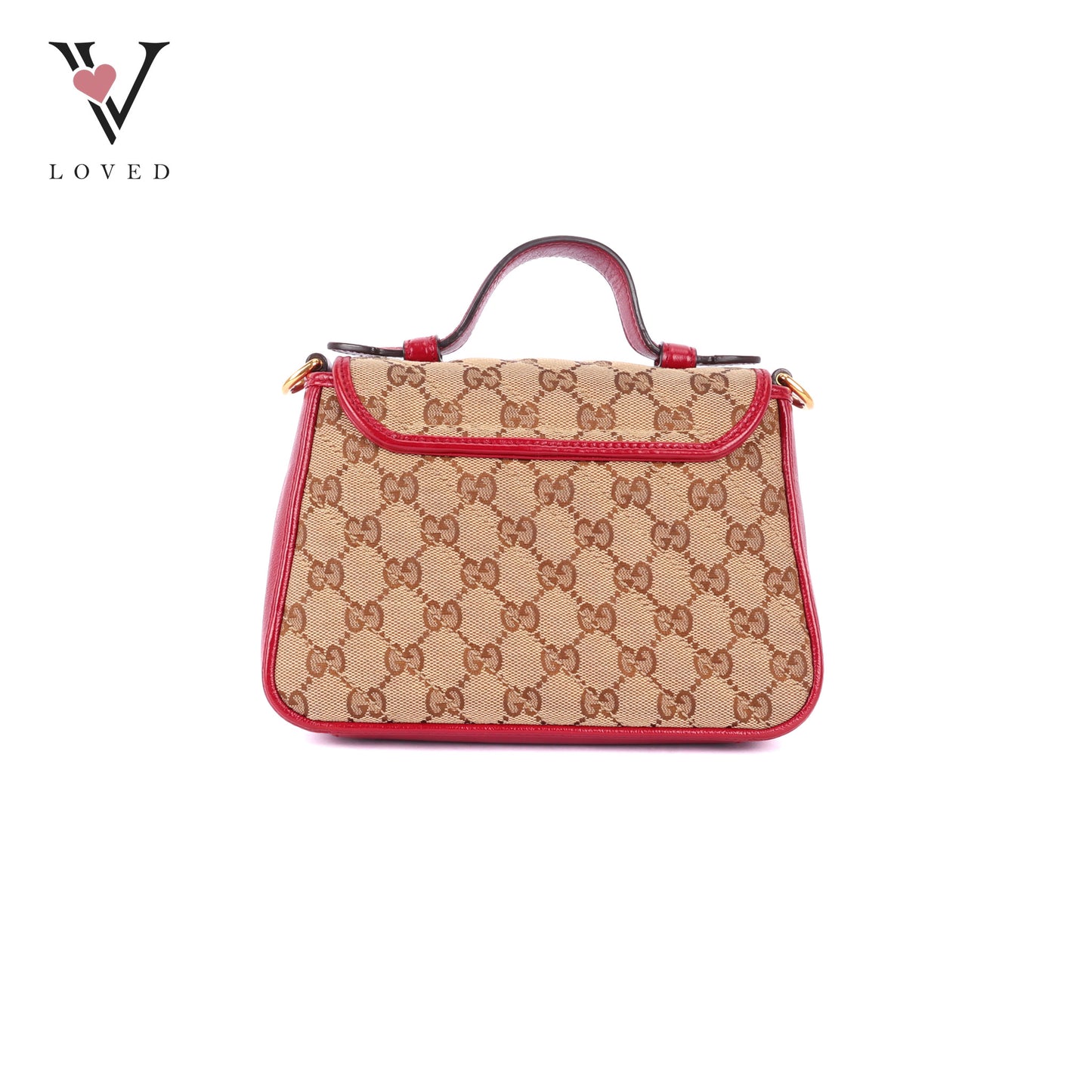 Gucci GG Marmont Mini Top Handle Bag in Beige and Red Canvas and Leather