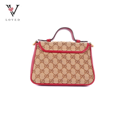 Gucci GG Marmont Mini Top Handle Bag in Beige and Red Canvas and Leather