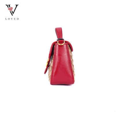 Gucci GG Marmont Mini Top Handle Bag in Beige and Red Canvas and Leather