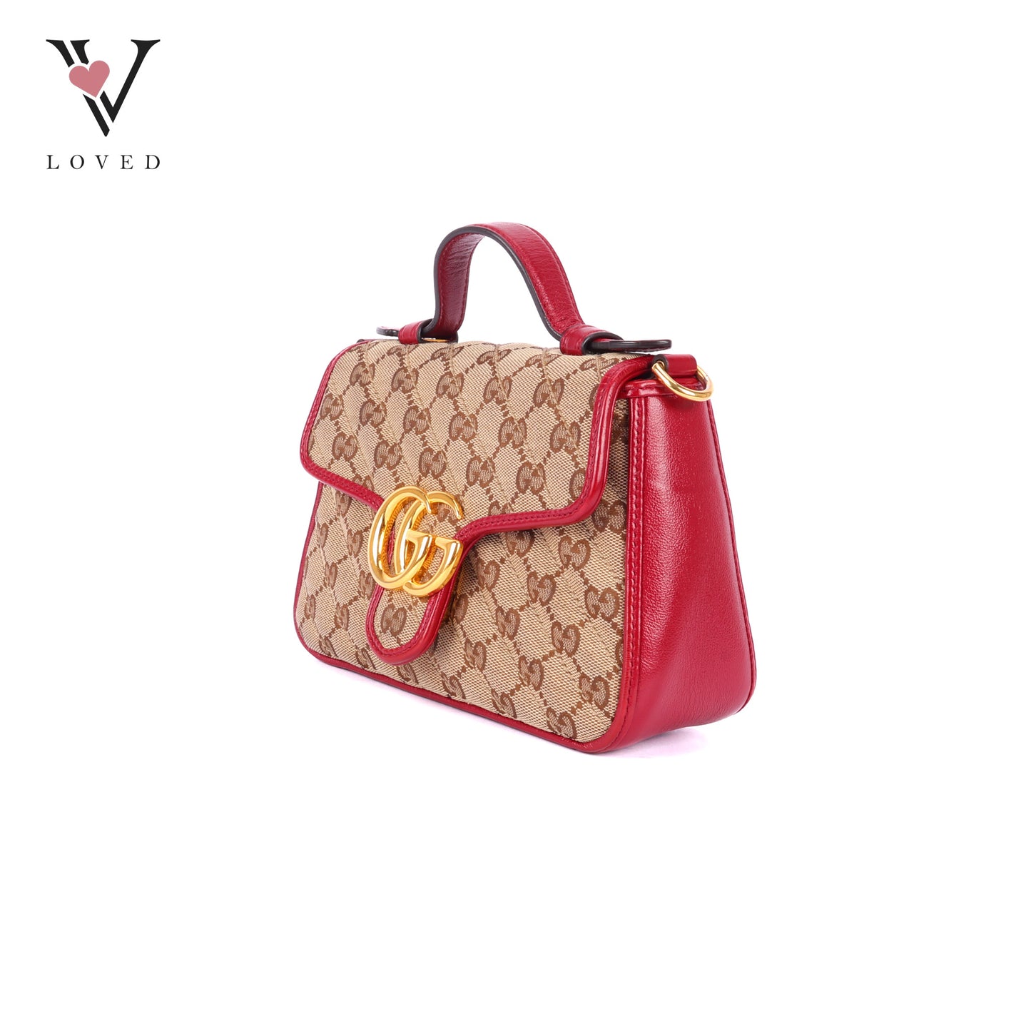 Gucci GG Marmont Mini Top Handle Bag in Beige and Red Canvas and Leather