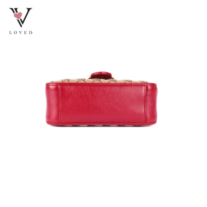 Gucci GG Marmont Mini Top Handle Bag in Beige and Red Canvas and Leather