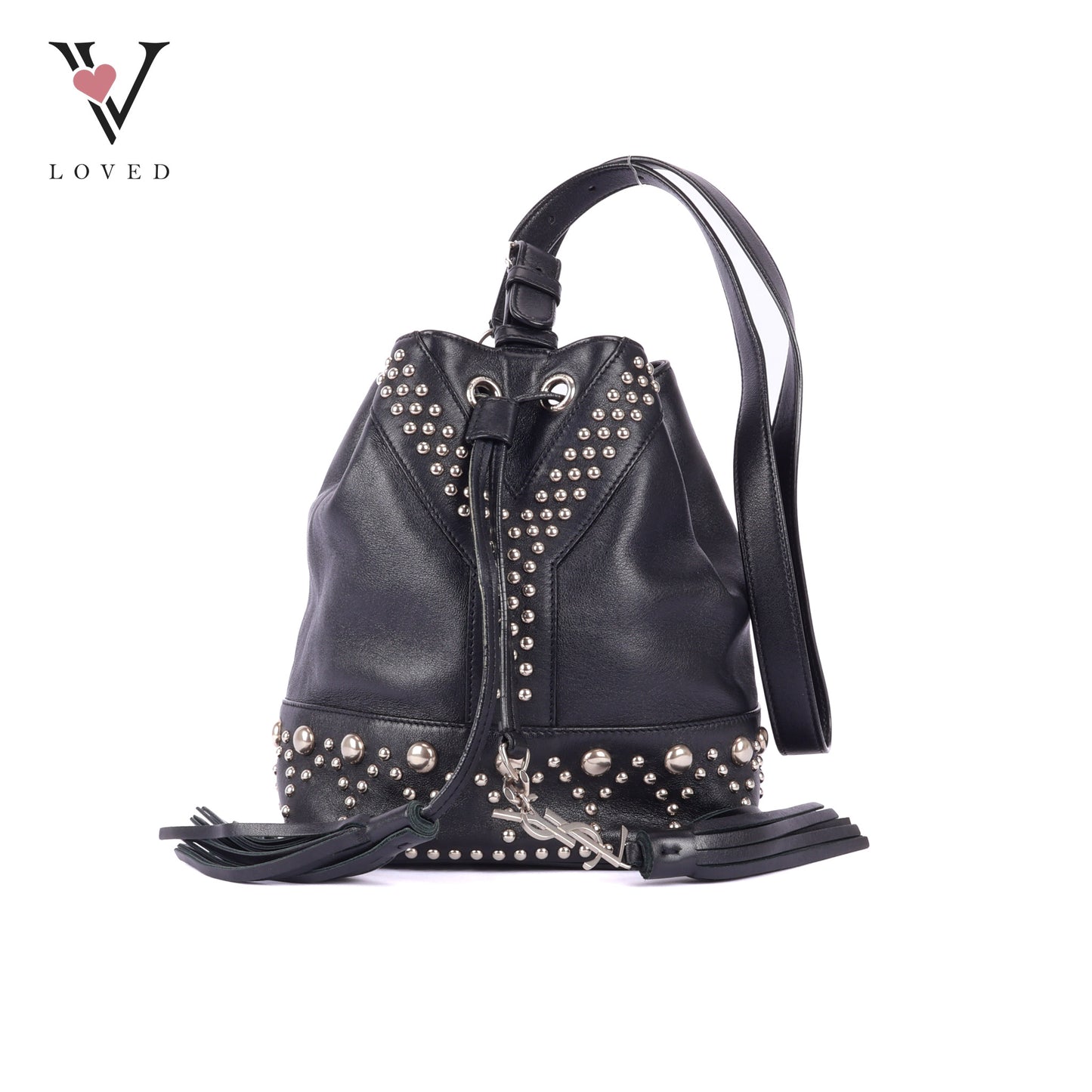 YSL	Small Y Studs Bucket Bag in Black Calfskin Leather