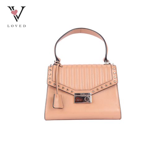 Prada Argilla Glacé Studded Top Handle Bag in Calfskin Leather