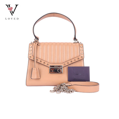 Prada Argilla Glacé Studded Top Handle Bag in Calfskin Leather