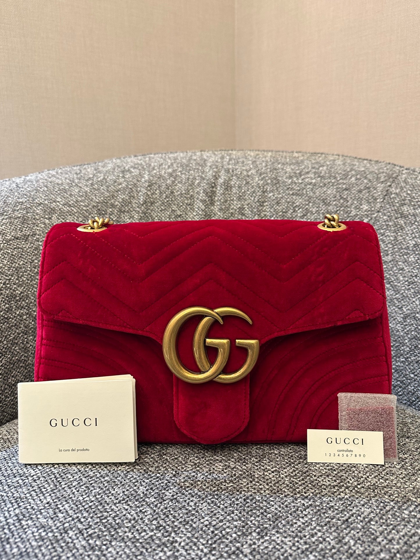 Gucci GG Marmont Velvet Matelassé Medium Bag in Red