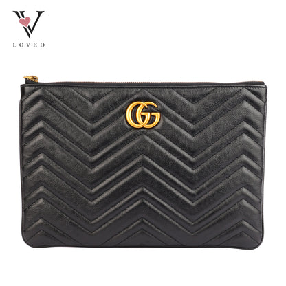 Gucci GG Marmont Pouch In Black Chevron Quilted Leather