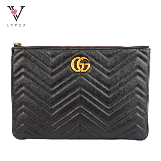 Gucci GG Marmont Pouch In Black Chevron Quilted Leather