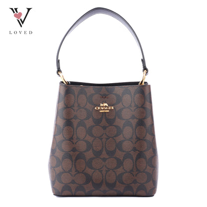 Coach Small Town Bucket Bag In Dark Brown Monogram Signature Canvas