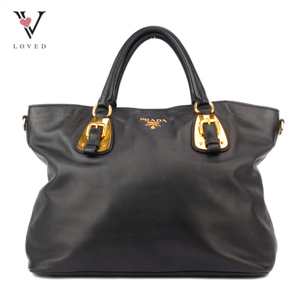 Prada Vitello Diner Tote Bag In Black Soft Calfskin Leather