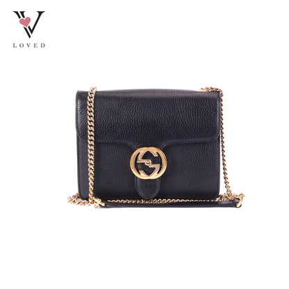 Gucci Dollar Interlocking GG Shoulder Bag in Black Grained Leather