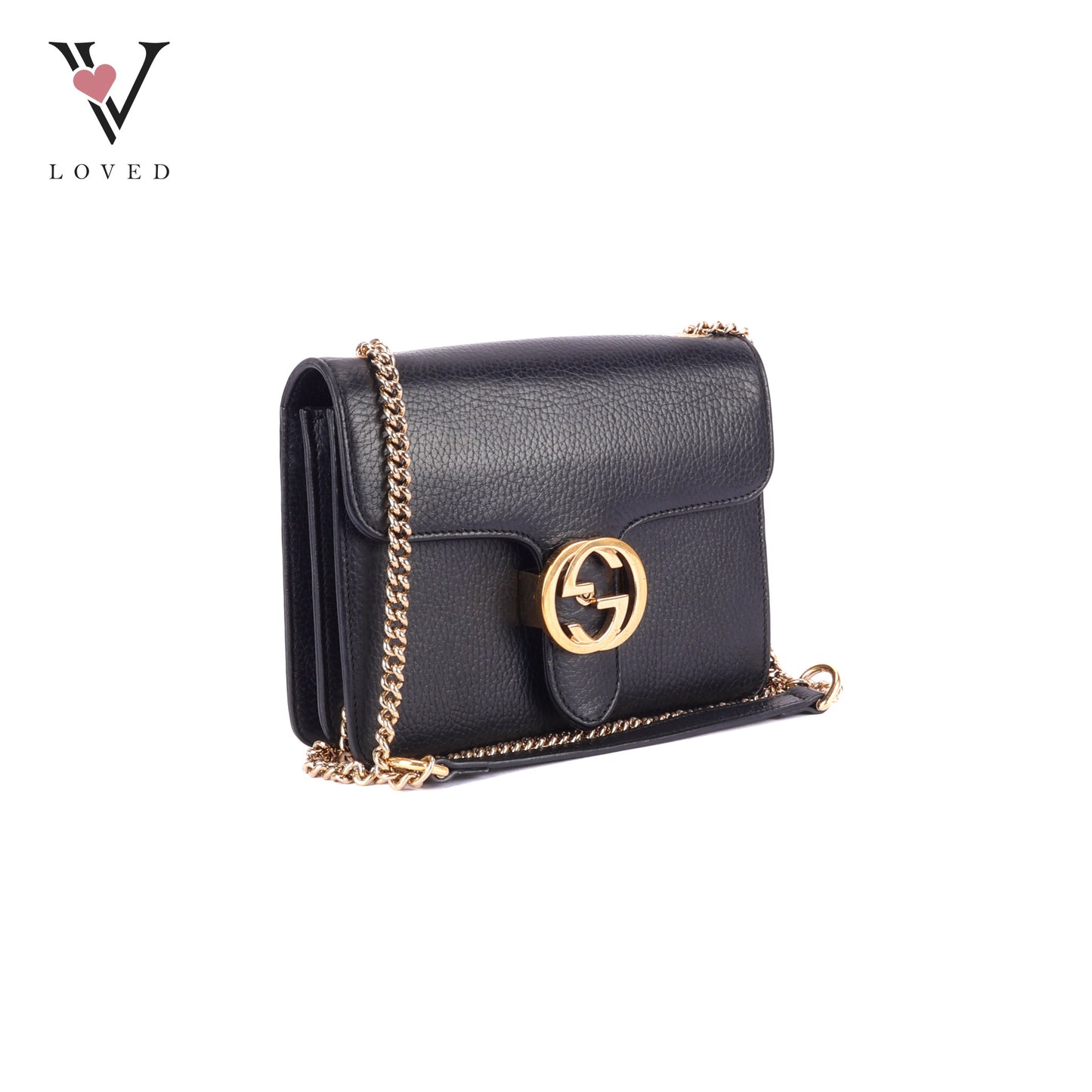 Gucci Dollar Interlocking GG Shoulder Bag in Black Grained Leather